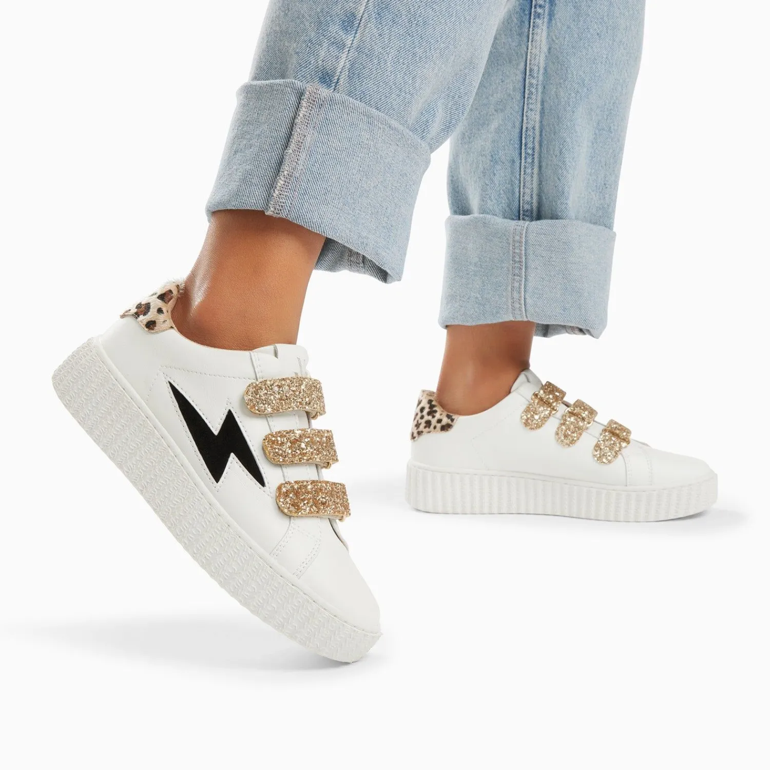 Vanessa Wu Sneakers>Baskets Eclair Angela Blanc Et Zebre A Scratchs Or