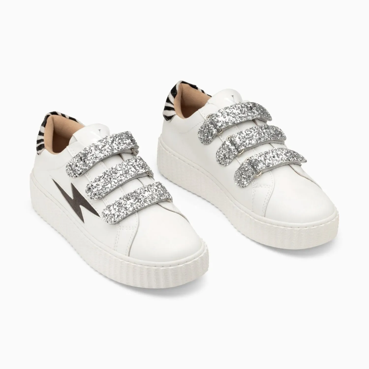 Vanessa Wu Sneakers>Baskets Eclair Angela Blanc Et Zebre A Scratchs Argent