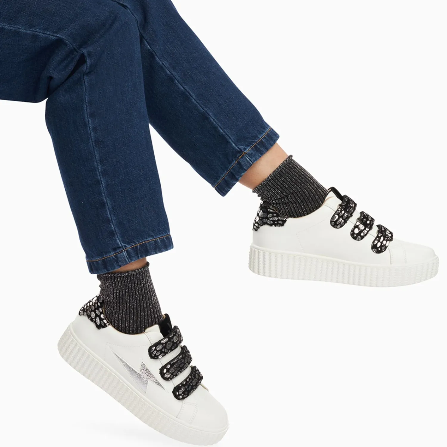 Vanessa Wu Sneakers>Baskets Eclair Daisy Blanc Et Argent A Scratchs Leopard
