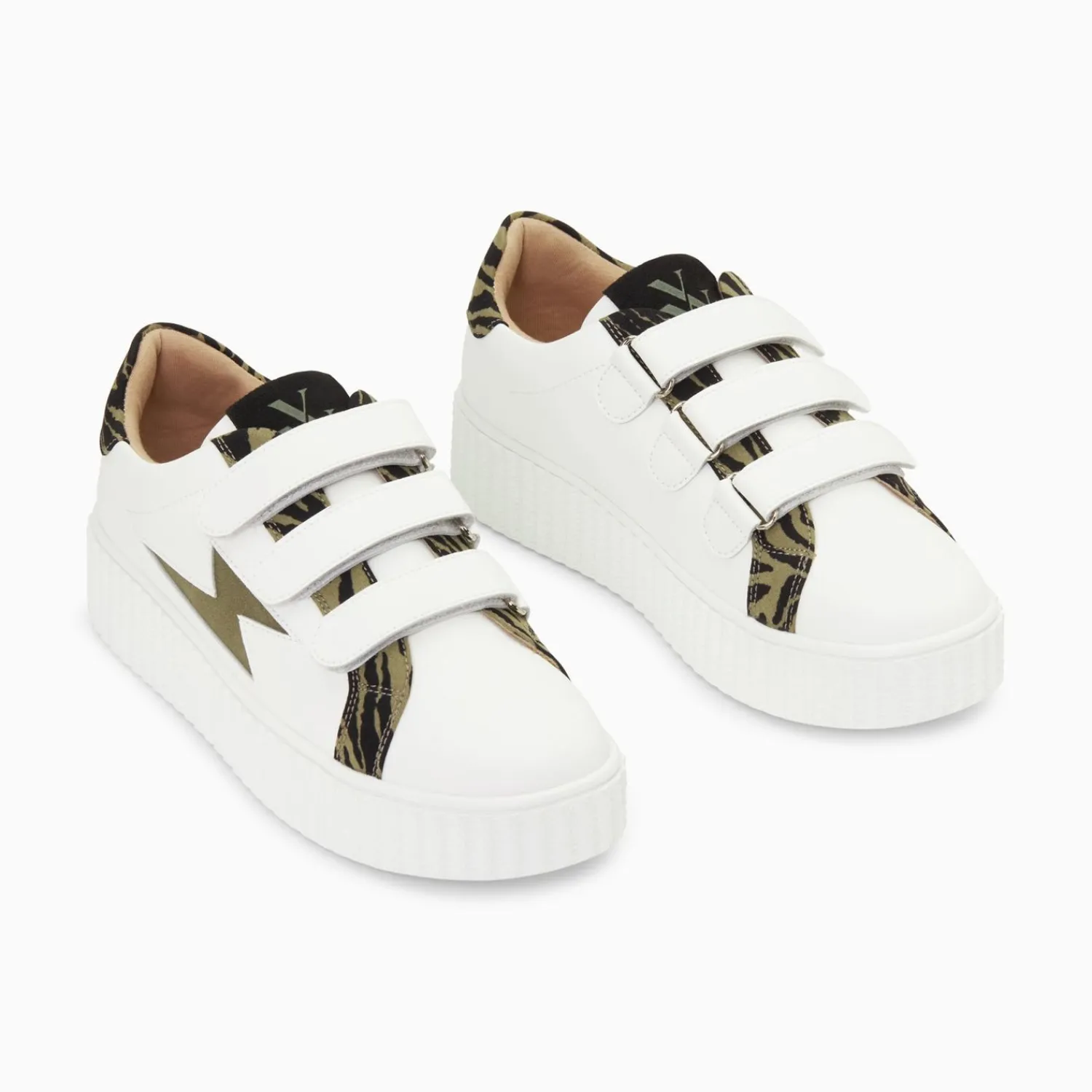 Vanessa Wu Sneakers>Baskets Eclair Ingrid Blanc Et Kaki Imprime Zebre A Scratchs