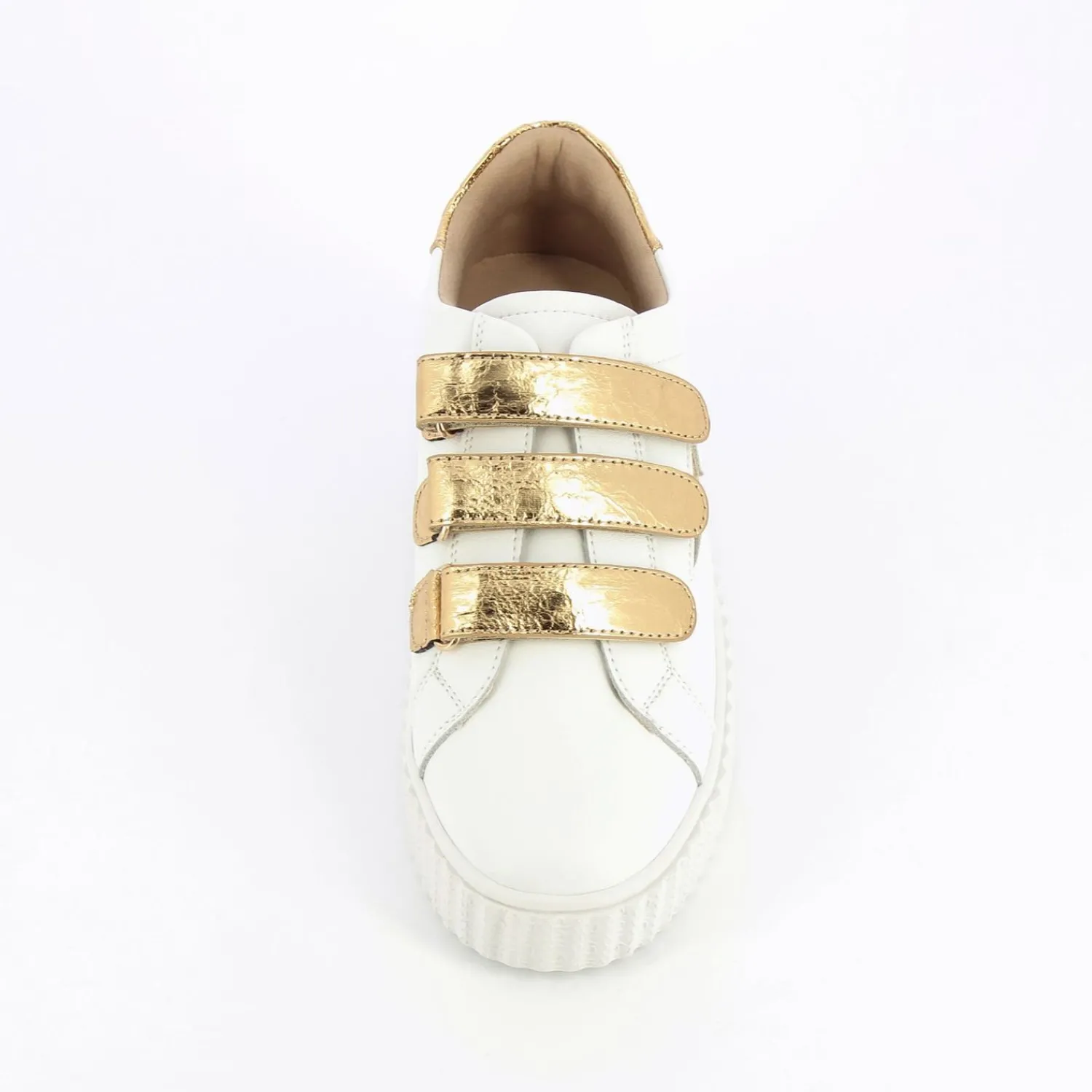 Vanessa Wu Sneakers>Baskets Eclair Jane Blanches En Cuir A Scratchs Or