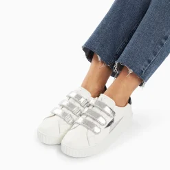 Vanessa Wu Sneakers>Baskets Eclair Jane Blanches En Cuir A Scratchs Argent