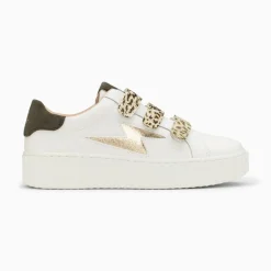 Vanessa Wu Sneakers>Baskets Eclair Lyanna Blanc Et Or A Scratchs Leopard Kaki