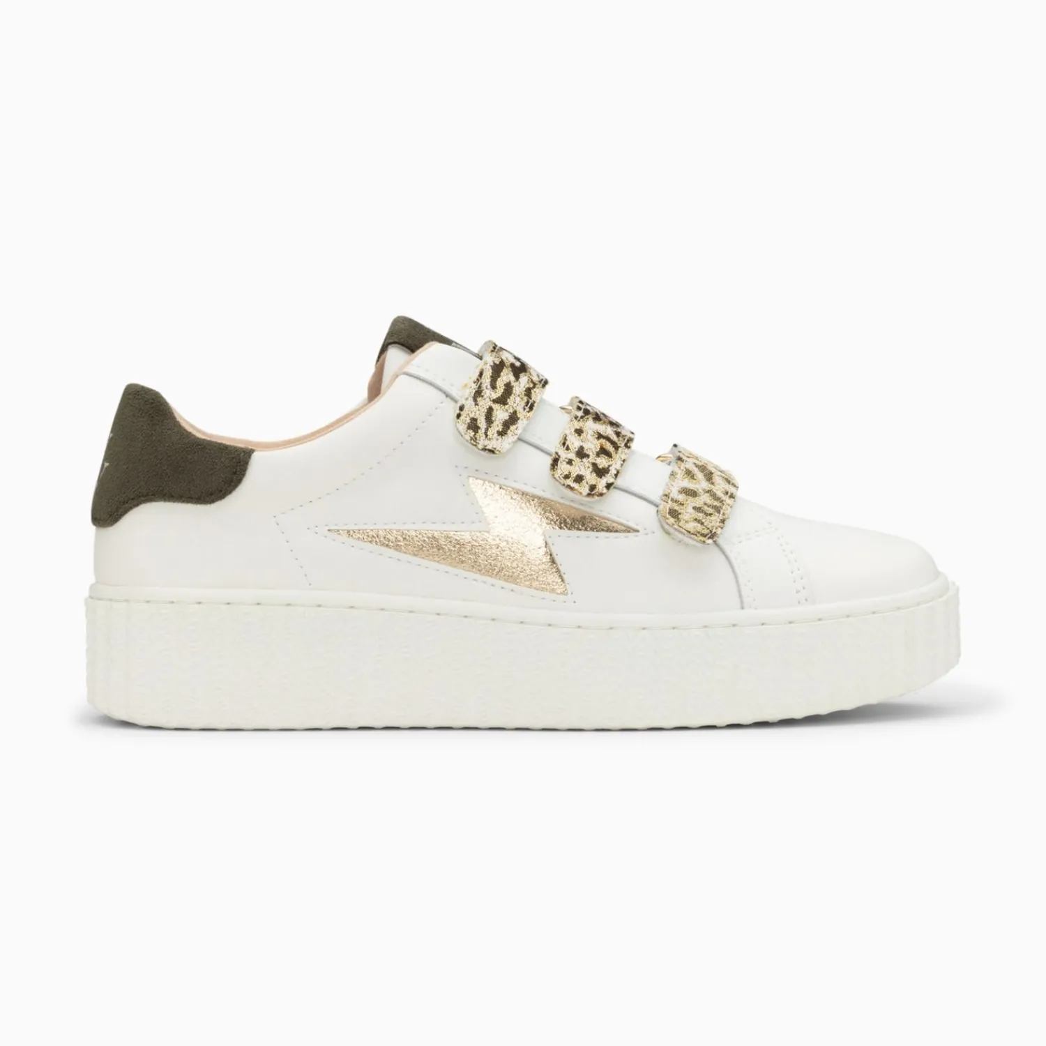 Vanessa Wu Sneakers>Baskets Eclair Lyanna Blanc Et Or A Scratchs Leopard Kaki