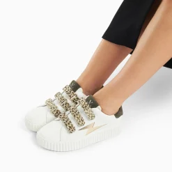 Vanessa Wu Sneakers>Baskets Eclair Lyanna Blanc Et Or A Scratchs Leopard Kaki
