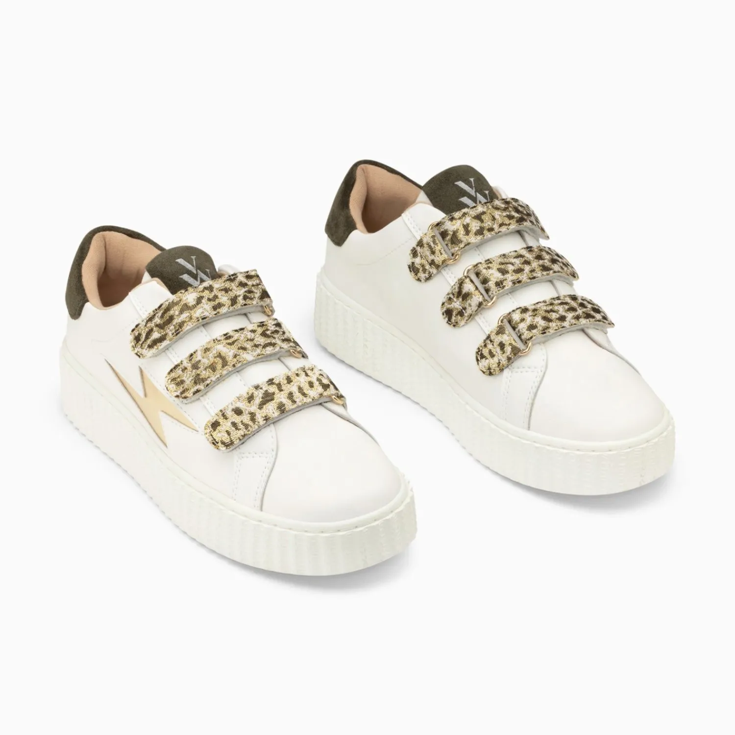 Vanessa Wu Sneakers>Baskets Eclair Lyanna Blanc Et Or A Scratchs Leopard Kaki
