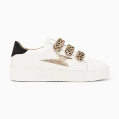Vanessa Wu Sneakers>Baskets Eclair Maggie-Jane Blanc Et Or En Cuir A Scratchs Leopard