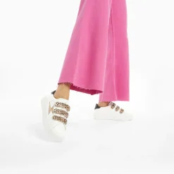 Vanessa Wu Sneakers>Baskets Eclair Maggie-Jane Blanc Et Or En Cuir A Scratchs Leopard