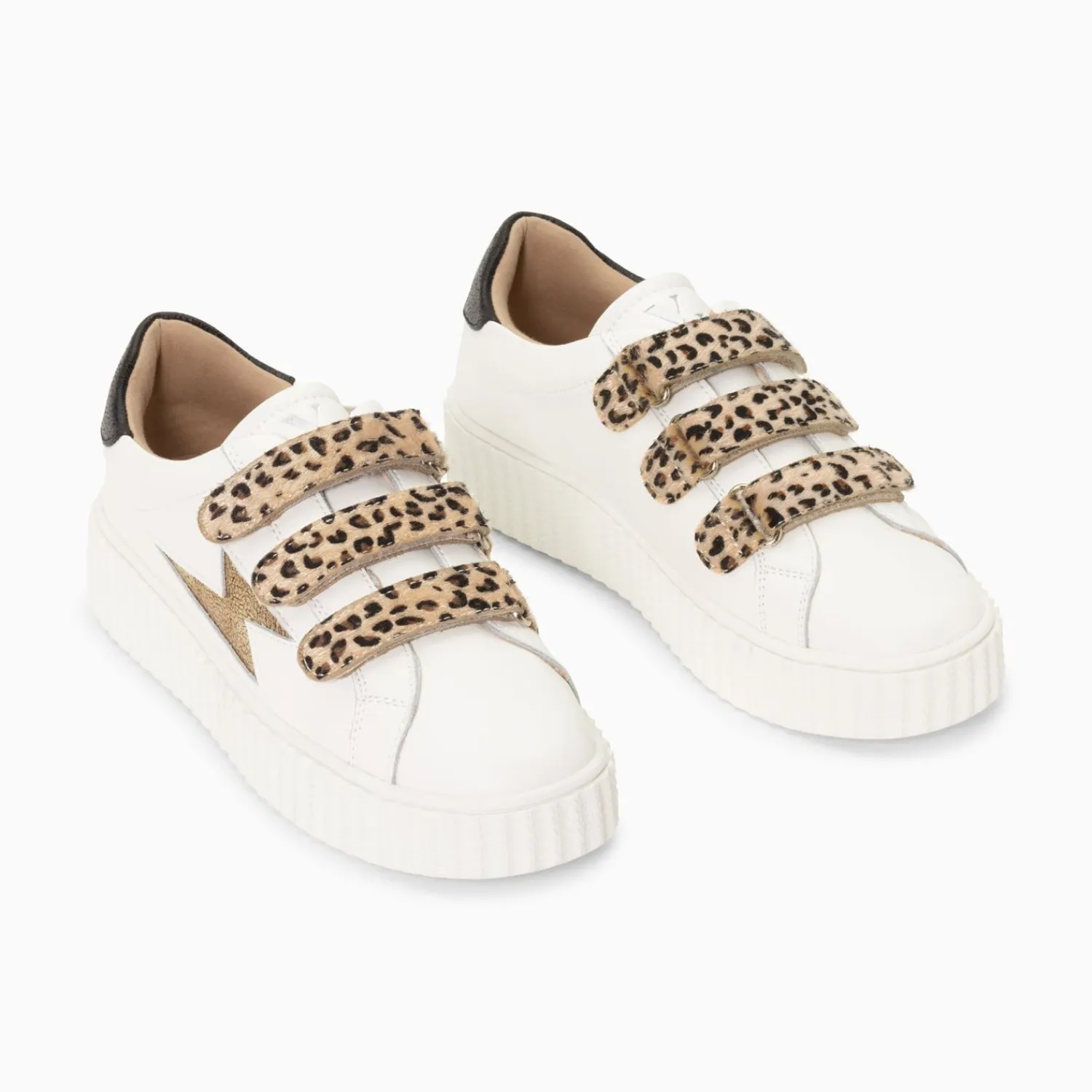 Vanessa Wu Sneakers>Baskets Eclair Maggie-Jane Blanc Et Or En Cuir A Scratchs Leopard