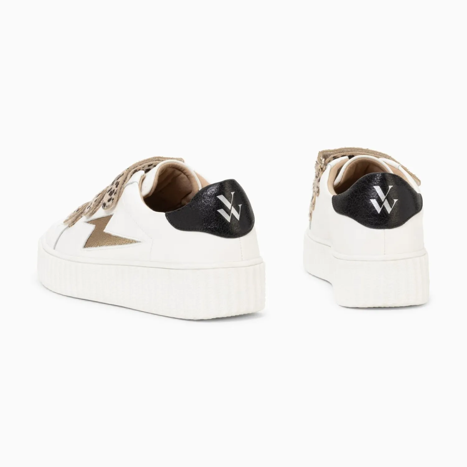 Vanessa Wu Sneakers>Baskets Eclair Maggie-Jane Blanc Et Or En Cuir A Scratchs Leopard