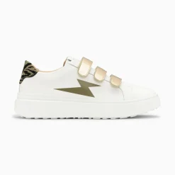 Vanessa Wu Sneakers>Baskets Eclair Salome Blanc Et Kaki A Scratchs Or