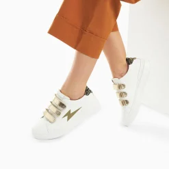Vanessa Wu Sneakers>Baskets Eclair Salome Blanc Et Kaki A Scratchs Or