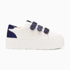 Vanessa Wu Sneakers>Baskets Monica Blanc Et Bleu Marine A Scratchs Glitter Et Plateforme