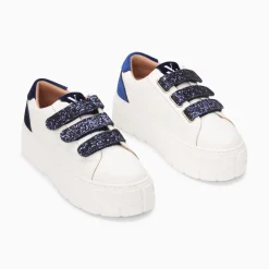 Vanessa Wu Sneakers>Baskets Monica Blanc Et Bleu Marine A Scratchs Glitter Et Plateforme