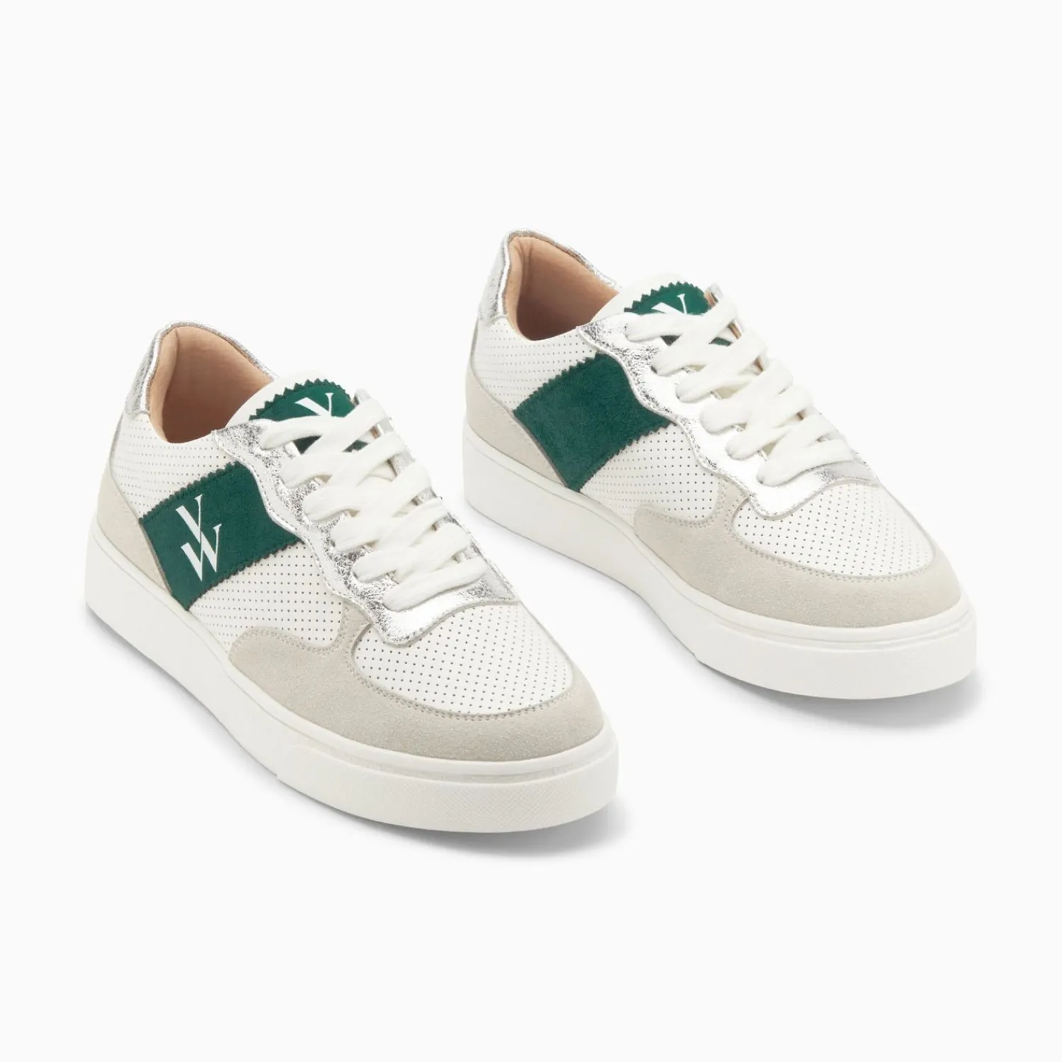 Vanessa Wu Sneakers>Baskets Monogramme Flavie Perforees Gris Et Vert A Lacets