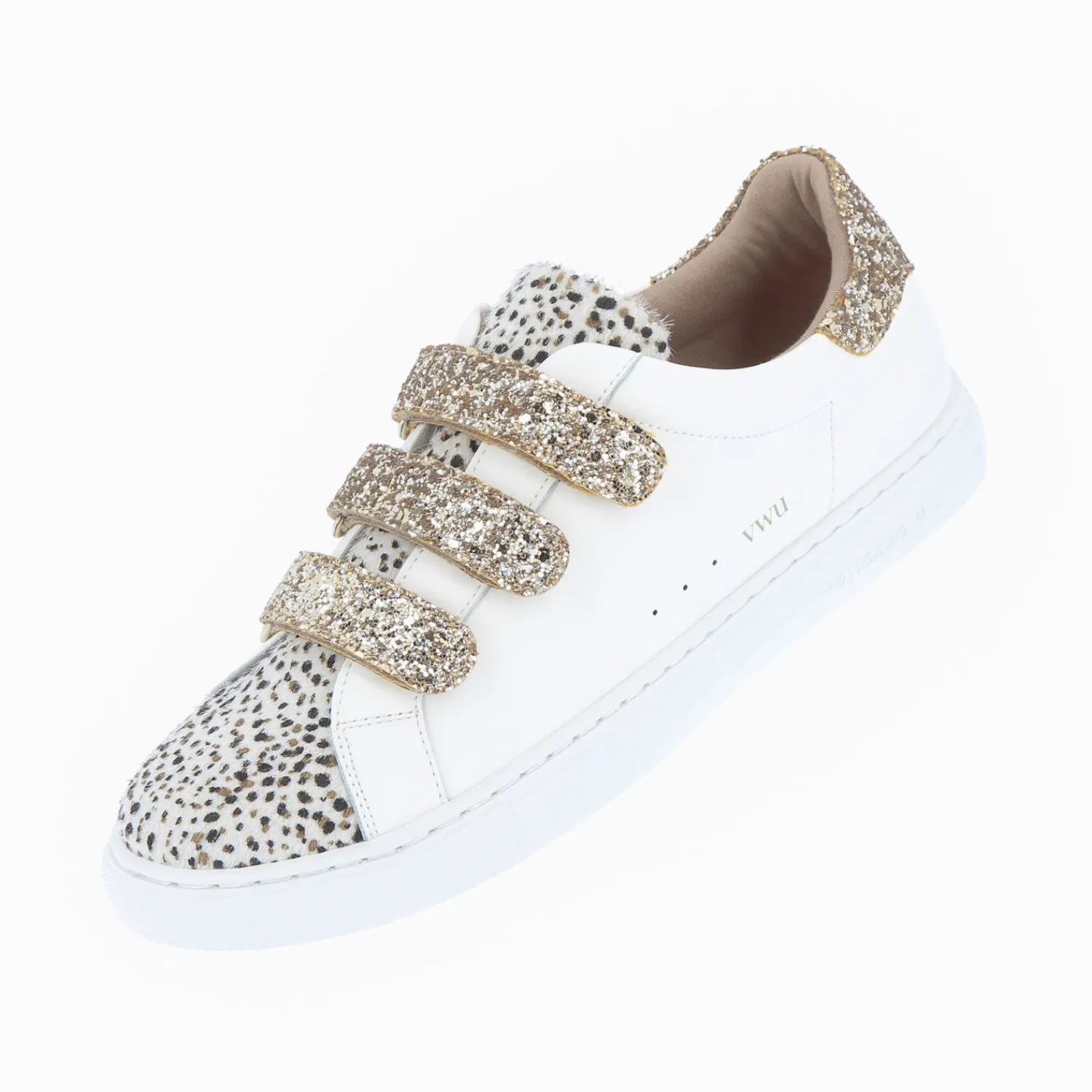 Vanessa Wu Sneakers>Baskets Nour Blanc Et Imprime Leopard A Scratchs Or