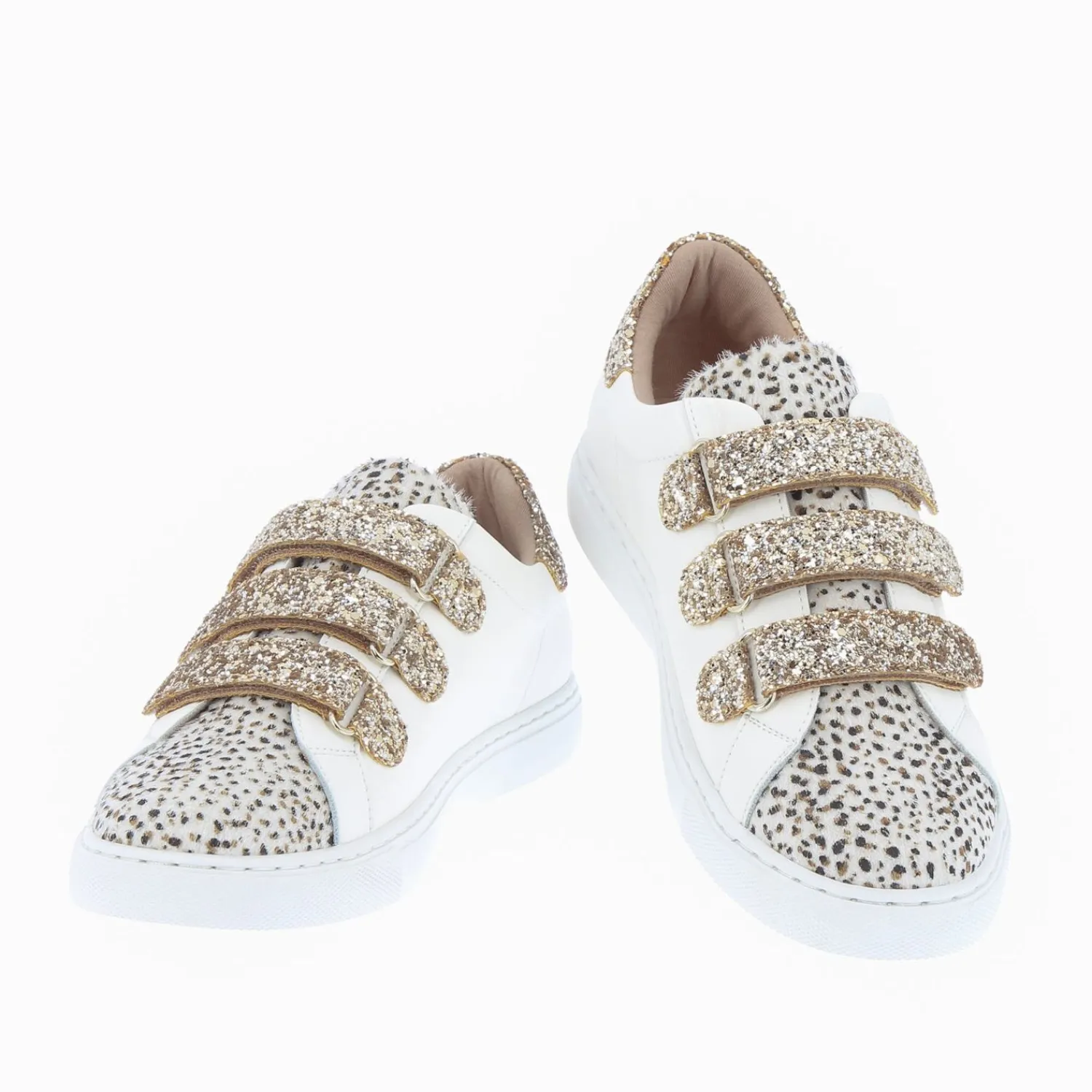 Vanessa Wu Sneakers>Baskets Nour Blanc Et Imprime Leopard A Scratchs Or