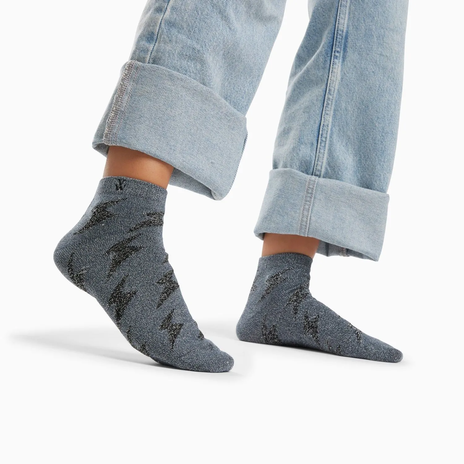 Vanessa Wu Chaussettes>Chaussettes Courtes Rachel Grises A Eclairs Noirs