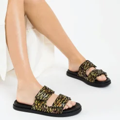 Vanessa Wu Sandales Plates>Mules Philippine Noir Et Or A Scratchs