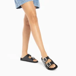 Vanessa Wu Sandales Plates>Mules Plates Celia Noir Verni A Boucles Oversize