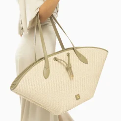 Vanessa Wu Sacs>Panier Oversize Vivienne En Raphia Beige A Details Kaki