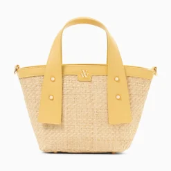 Vanessa Wu Sacs>Petit Panier Juliana En Raphia Beige A Details Jaunes