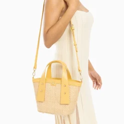 Vanessa Wu Sacs>Petit Panier Juliana En Raphia Beige A Details Jaunes