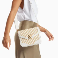 Vanessa Wu Sacs>Petit Sac Cartable Aline Blanc Et Beige Tresse