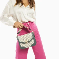 Vanessa Wu Sacs>Petit Sac Cartable Karen Vert A Toile Monogramme