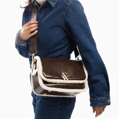 Vanessa Wu Sacs>Sac Bandouliere Bertina Marron A Rabat Et Faux Shearling
