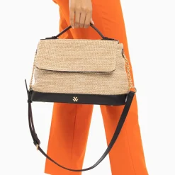 Vanessa Wu Sacs>Sac Cartable Katie En Raphia Beige A Details Noirs