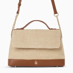Vanessa Wu Sacs>Sac Cartable Lisa En Raphia Beige A Details Camel
