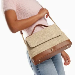 Vanessa Wu Sacs>Sac Cartable Lisa En Raphia Beige A Details Camel