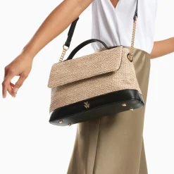 Vanessa Wu Sacs>Sac Cartable Lisa En Raphia Beige A Details Noirs