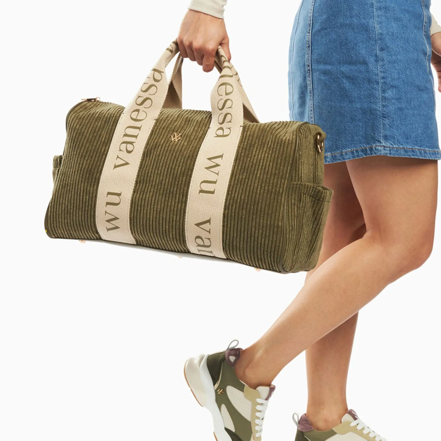 Vanessa Wu Sacs>Sac Week-End Adrienne Kaki En Velours Cotele