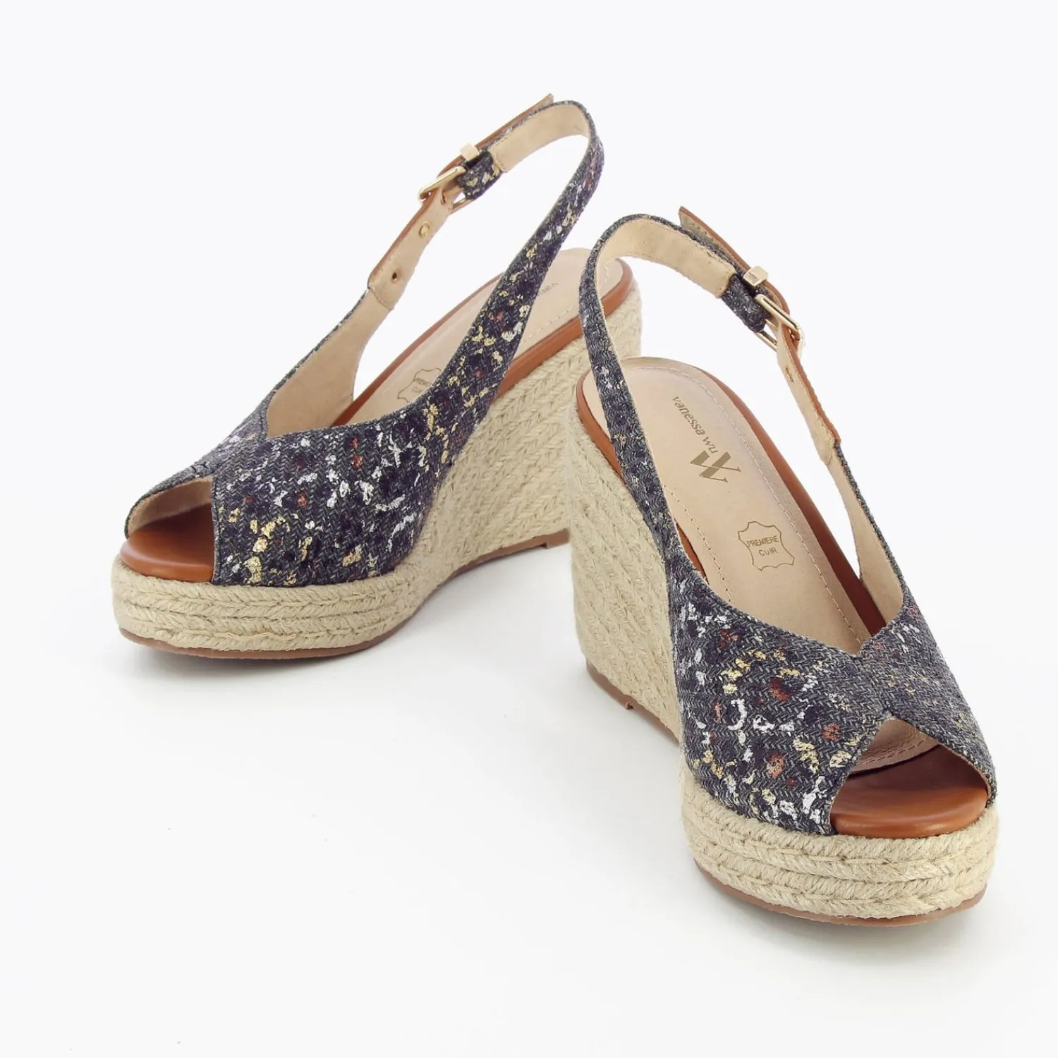 Vanessa Wu Sandales À Talon, Compensées>Sandales Compensees Gaelle En Tweed Leopard Anthracite