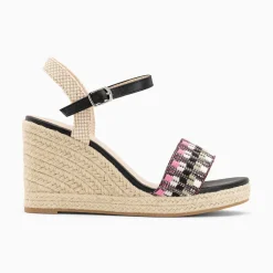 Vanessa Wu Sandales À Talon, Compensées>Sandales Compensees Honorine Noir Et Rose En Tissu Jacquard