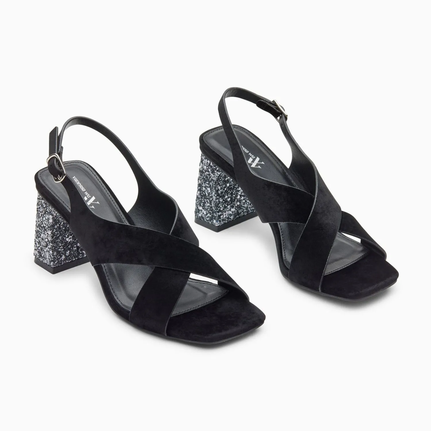 Vanessa Wu Sandales À Talon, Compensées>Sandales Milan Noires A Brides Croisees Et Talon Argent Paillete