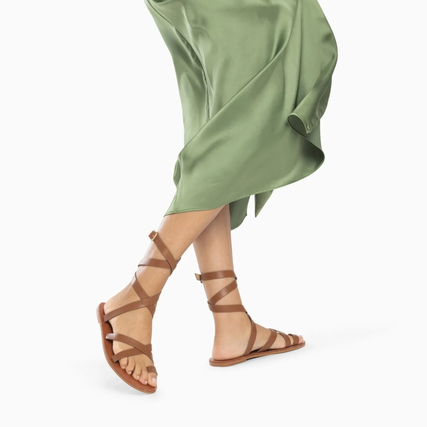 Vanessa Wu Sandales Plates>Sandales Plates Cassiopee Camel A Laniere De Cheville Trois Tours Et Passe-Pouce
