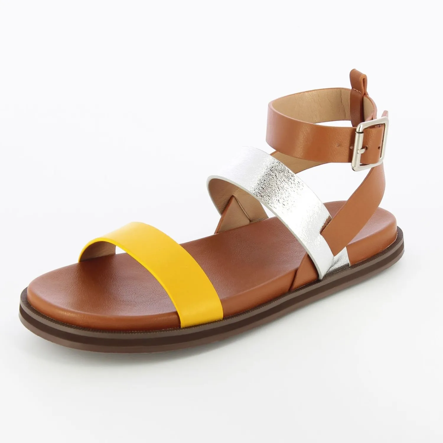 Vanessa Wu Sandales Plates>Sandales Plates Ninon Camel A Brides Argent Et Jaune